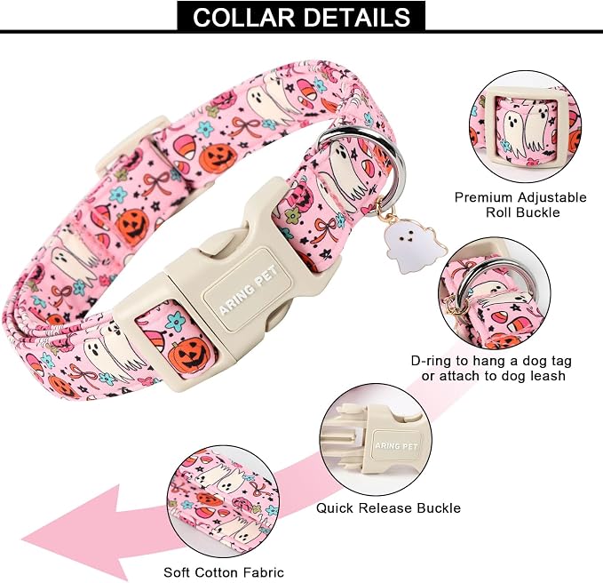 ARING PET Halloween Dog Collars, Cute Pink Pumpkin Ghost Flower Bowtie Pet Collar with Quick Release Buckle for Small Medium Large Girl Boy Dogs-XS