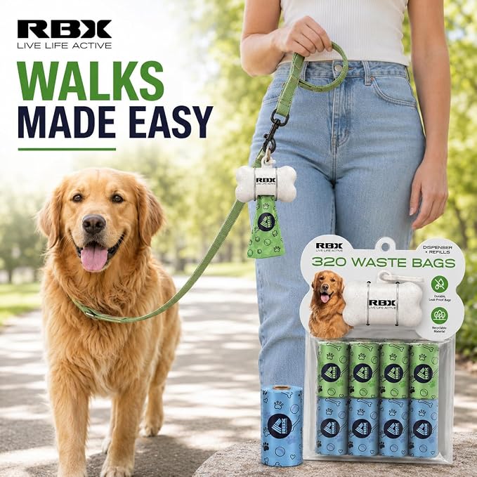RBX Dog Poop Bags with Leash Holder, 320 Bags, 16 Refill Rolls | Clip-On Dispenser, Durable Leak-Proof, Recyclable Material