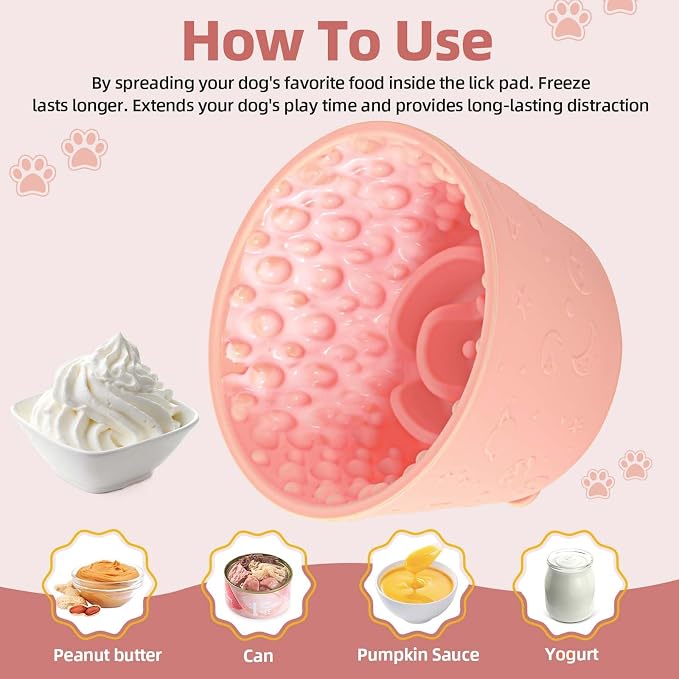 Dog Slow Feeder Lick Bowl, Non-Slip Dog Licking Treat Dispenser, Slow Feeder Bowls for Small Medium Large Breed Dogs, Anxiety Relief & Anti-Choking, BPA Free Silicone (Pink, 1.6 Cup)