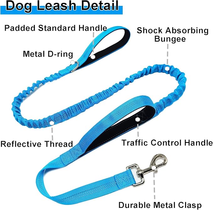 5FT Bungee Dog Leash with 2 Handles, Reflective Strong Nylon Traffic Leash, Shock Absorbing Lead for Large Medium Dogs Walking Training Controlling, Blue