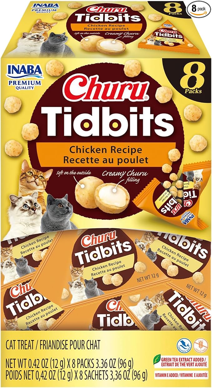 INABA Churu Tidbits for Cats, Soft & Chewy Churu Filled, Baked Chicken Cat Treats with Taurine & Green Tea Extract, 0.42oz per Pack, 8 Packs Total, Chicken Recipe