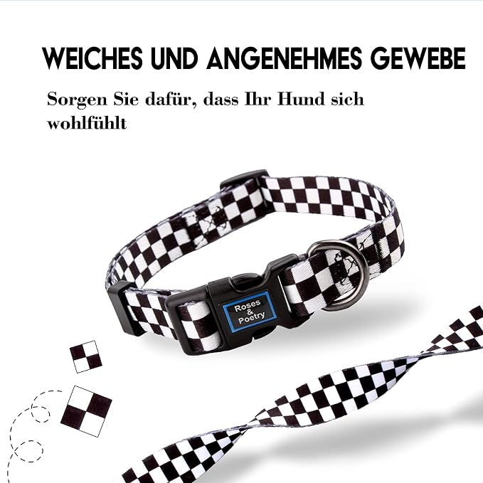 Roses&Poetry Dog Collar with Colourful Checkered Patterns, Adjustable Durable Puppy Collars for Small Medium Large Dogs (Black & White-S)