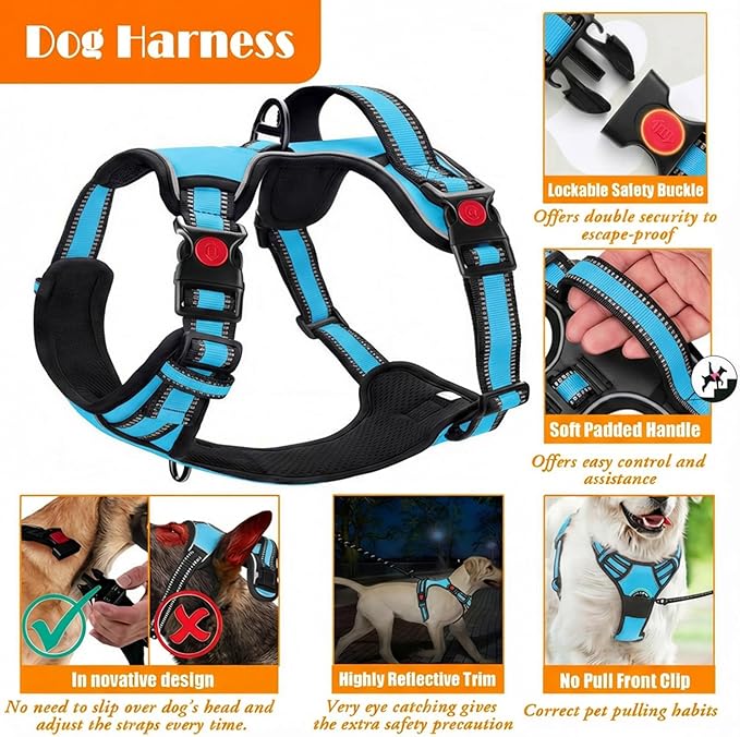 LOBEVE No Pull Dog Harness, Collar & Leash Set with Retractable Dog Seat Belt, Collapsible Dog Bowls and Poop Bag Dispenser - Ideal for Training, Walking, Hiking - Fits Small to Large Dogs(Blue-M)