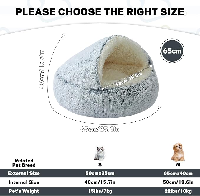 Calming Dog Bed Fluffy Plush Pet Bed Under 20 Pound，Large Cave Bed Washable Non-Slip Cat Nest Pod Windproof，Cozy Indoor Cave for Kitten Dog Non-Slip Bottom (M-25.6in)