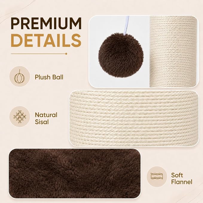 PAWSCRAT Cat Scratching Post 32 Inch High, 5.5 Inch Large Diameter Natural Sisal Cat Scratch Post, Scratch-Resistant and Durable Tall Cat Scratcher for Indoor Cats, Protect Your Furniture, Brown