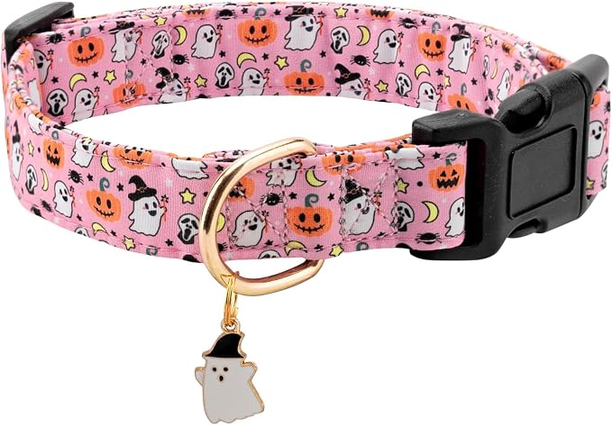 Personalized Dog Collars,Adjustable Puppy Collars with Safety Buckle for Small Medium Large Dogs,Cute and Unique Pink Cherry Pattern Pet Collar for Boy Girl Dogs. (Pink Ghost, L)
