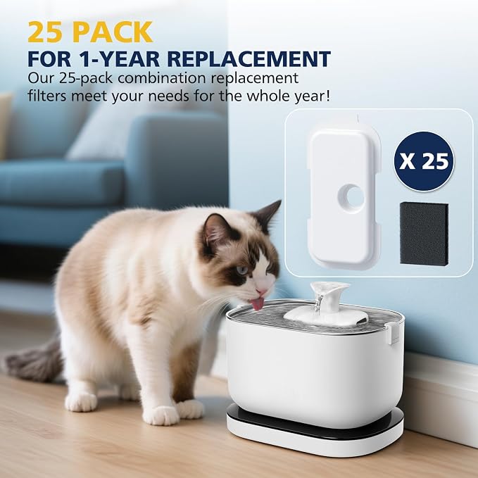 25+25 Packs Replacement Filters for PETLIBRO Dockstream Cat Water Fountain PLWF106/PLWF116/PLWF115/PLWF105/PLWF005, 12 Months Set of Replacement Filters for Pet Water Fountain, 25 Filters + 25 Sponges