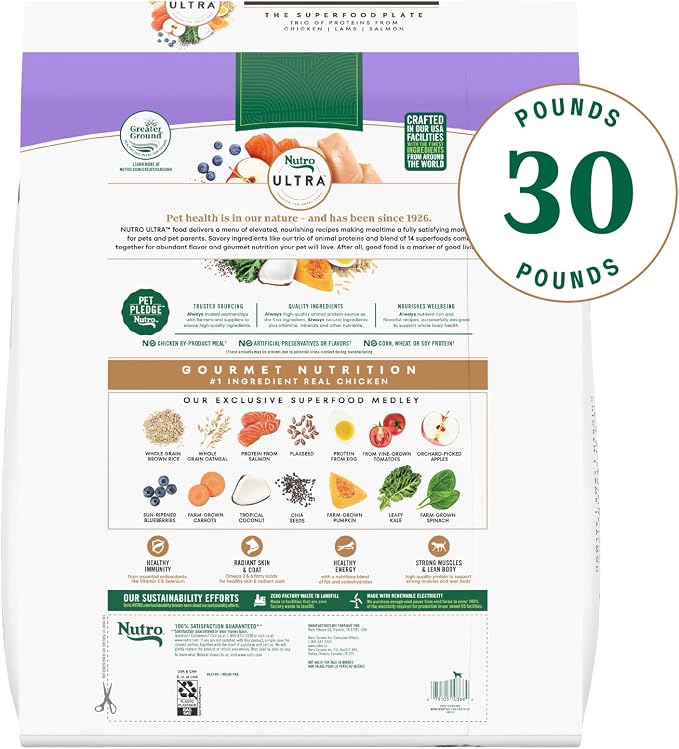 Nutro Ultra Dry Dog Food for Adult Dogs with a Trio of Proteins from Chicken, Lamb and Salmon, 30 lb. Bag