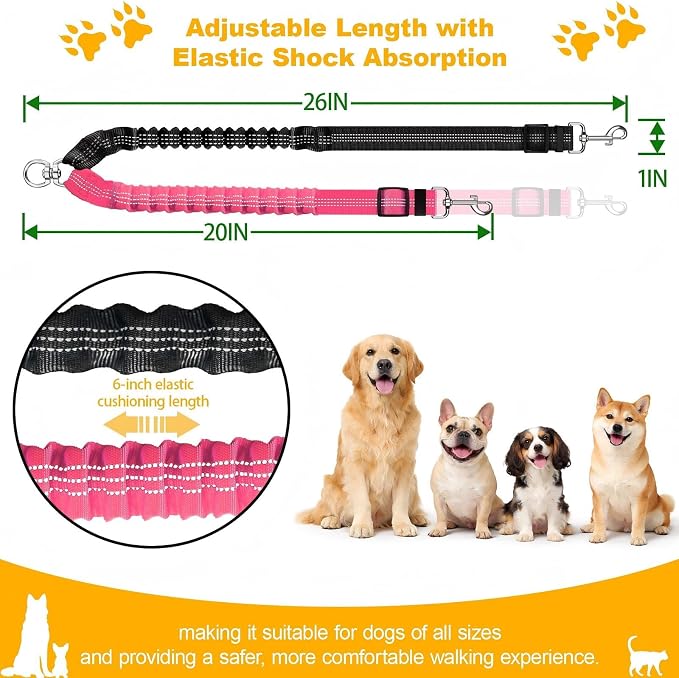 Double Dog Leash for Two Dogs, Professional No Tangle 360° Swivel Coupler with Shock Absorbing Bungee, Adjustable Length Dual-Sided Reflective Two Dogs Lead Splitter for Small Medium Large Dog