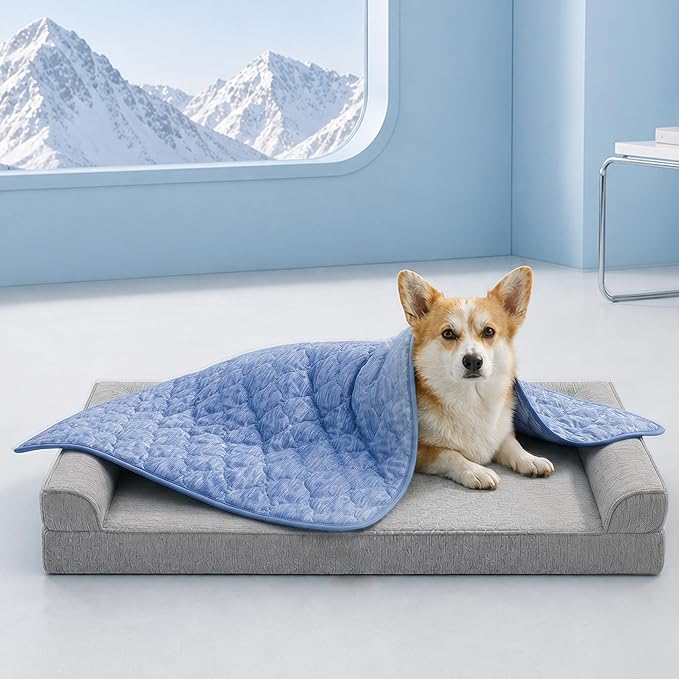 Cozy Bliss Deluxe Leakproof Cooling Blanket for Small Dogs Q-Max 0.5, Soft & Durable Washable Pet Cooling Mat for Hot Weather, Livingroom, Pet Throw & Couch Protector for Cats, Haze Blue, 25"x35"