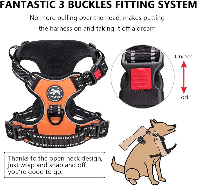 PoyPet No Pull Dog Harness, No Choke Front Clip Dog Reflective Harness, Adjustable Soft Padded Pet Vest with Easy Control Handle for Small to Large Dogs(Orange,XS)