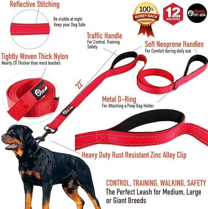 Primal Pet Gear Dog Leash 8ft Long - RED - Traffic Padded Two Handle - Heavy Duty - Double Handles Lead for Control Safety Training - Leashes for Large Dogs or Medium Dogs - Dual Handles Leads