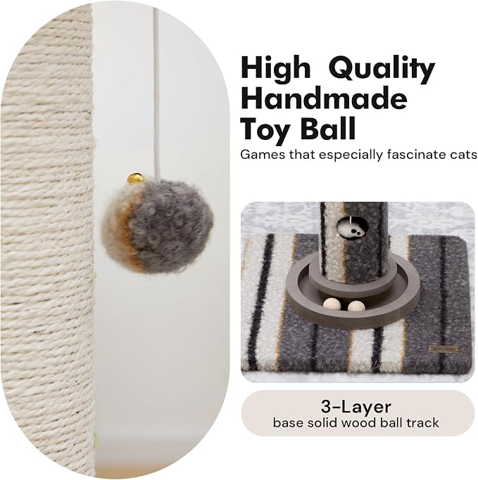 Woochpet 34inches Cat Scratching Post Sisal Cat Scratcher with Cat Ball Track Toy Heavy Duty and Thicker Large Diameter Natural for Adult Cats and Kitty Protect Your Furniture (Grey)