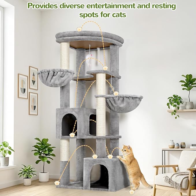 Globlazer 64in Corner Cat Tree for Large Indoor Cats, Space Saving Multi-Level Cat Tower with 2 Condos, 2 Hammocks, 4 Sisal Scratching Posts, C64, Light Grey