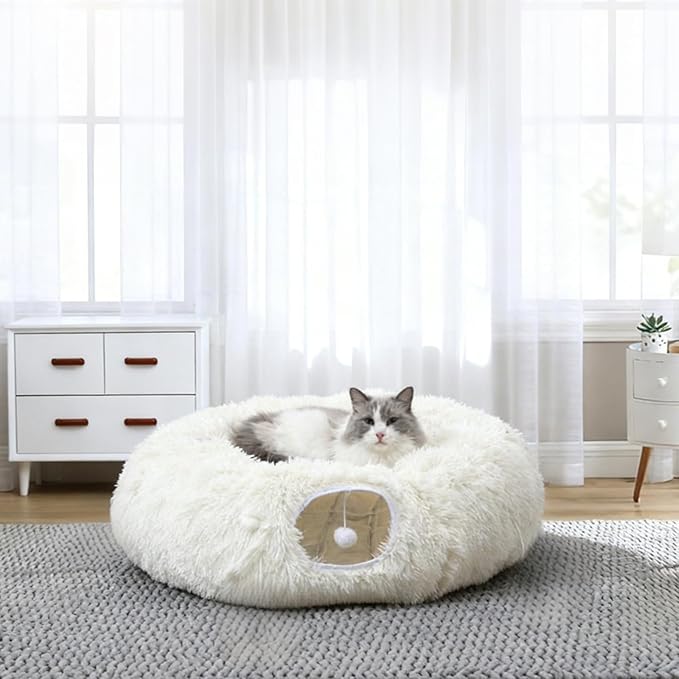 RELAXLATE Large Cat Tunnel Bed for Indoor Cats,Cat Bed, Cat Tunnel Christmas Tree Skirt, Cat Donut Tunnel Toys with Warm Soft Plush, for Cats, Kittens, Small Pets (White)