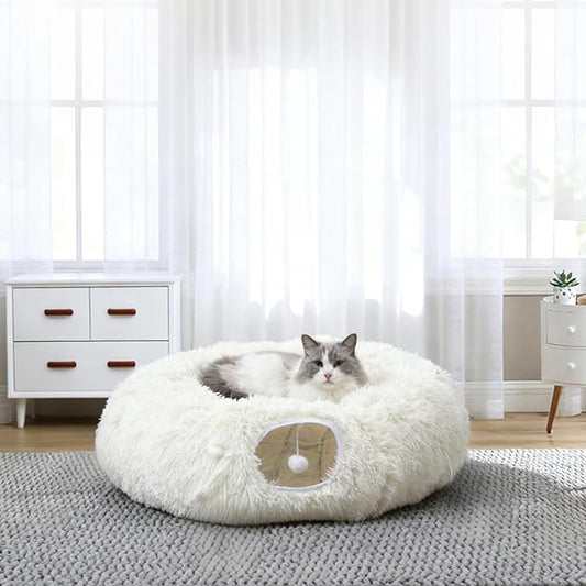 RELAXLATE Large Cat Tunnel Bed for Indoor Cats,Cat Bed, Cat Tunnel Christmas Tree Skirt, Cat Donut Tunnel Toys with Warm Soft Plush, for Cats, Kittens, Small Pets (White)