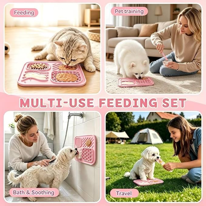 AZY 3-Piece Slow Feeder Cat Bowl Set, Silicone Cat Lick Mat, Cat Treat Dispenser & Food Spoon for Wet Food, Slow Eating & Daily Cat Enrichment (Pink)