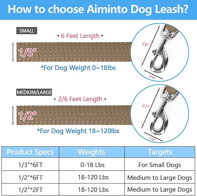 Dog Leash, Braided Rope Traction – Walking Training Lead for Small Dogs ((1/3") x 6FT, Khaki)