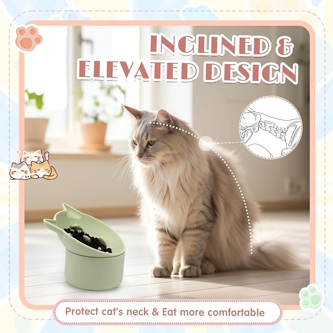 Funnymoom 2 Pack Silicone Cat Slow Feeder, Elevated Slow Feeder Cat Bowl for Dry and Wet Food, Tilted Design with Non Slip Base, Adjustable Angle for Pet(Green and Brown)