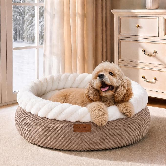 FUKUMARU Dog Bed, 25in Large Round Cat Beds, Plush Faux Fur&Corduroy Cat Beds, Cute Round Washable Pet Bed for Large Cats and Small Dogs, Cat Cave with Anti-Slip Bottom, 25inch, Camel