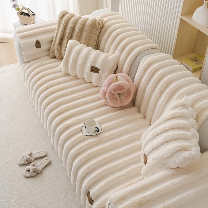 Fuzzy Rabbit Plush Sofa Cover Thick Soft Fur Sectional Couch Cover Furry Fluffy Cushion Cover Non-Slip Sofa Slipcovers Vertical Stripe Furniture Protector for Dogs Cats(Cream,43"x63")