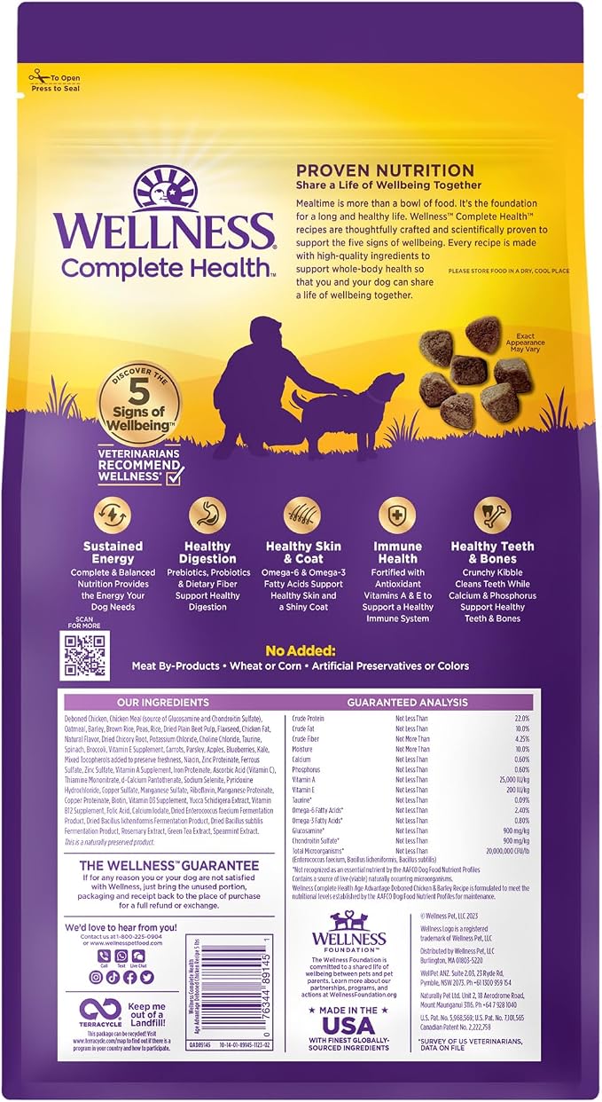 Wellness Complete Health Age Advantage Senior Dry Dog Food, Wholesome Grain Kibble, Natural, Chicken and Barley Recipe, 5 lb Bag