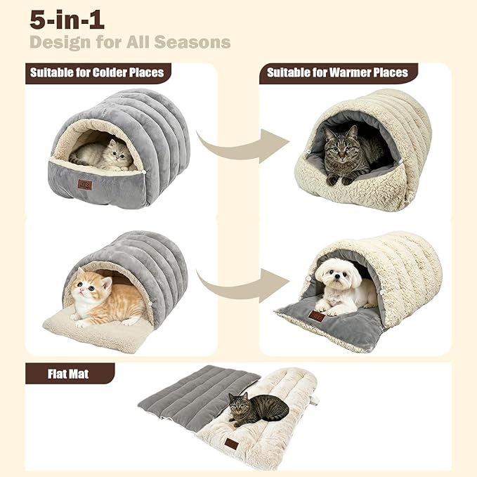 Covered Cat Bed Cave for Indoor Cats, 2-in-1 Enclosed Pet Bed for Kittens with Zippered Washable Cat Mats, Cat House Bed, Grey