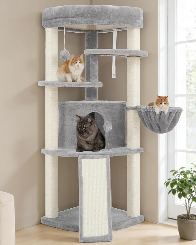 Gitelsnour Corner Cat Tree for Indoor Cats, Cat Tower with All Sisal Scratching Posts, Multi-Level Cat Condo wth Cat Cave, Large Top Perch, Hanging Basket, Sisal Ramp, Light Gray GCT025W