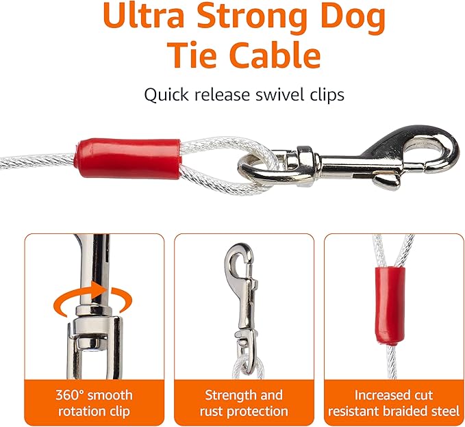 Amazon Basics Rust-Free Steel Wire Tie-Out Cable for Large Dogs up to 90 lbs, Dog Leash Run Tether, 25 feet, White
