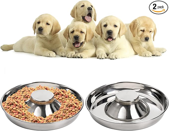 SOUJOY 2 Pack Stainless Steel Puppy Bowls, Pet Slow Feeder Bowls, Non-Skid Dog Food and Water Bowl, Feeding Weaning for Small Medium Large Dogs, Cat, Pets, Multiple Puppies