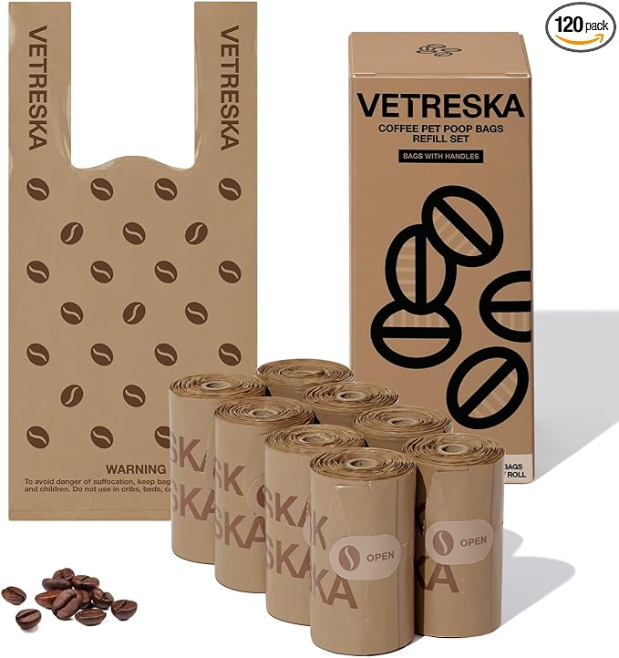 VETRESKA Dog Poop Bags with Handles 120 Count, Coffee Scented Waste Bags, Leak-Proof Thick Dog Bags for Poop, Easy-Tie Large Poop Bags, 8 Refill Rolls for Dog Walking Cat Litter