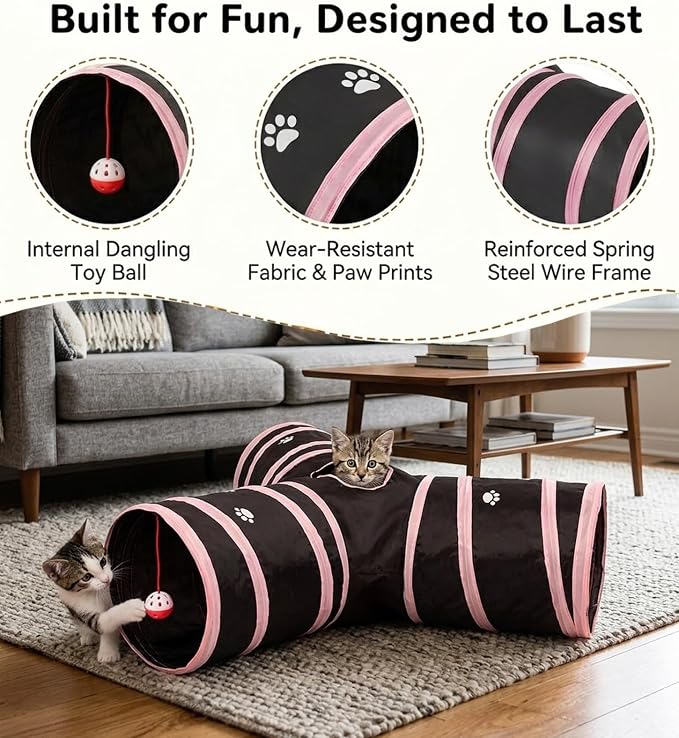 Cats Bunny Tunnel Tube Pink,3 Way Collapsible Small Animal Play Tunnel Toys with Ball for Indoor Cat Kitten Bunny Rabbit Ferret Small Animals (Black@Pink)