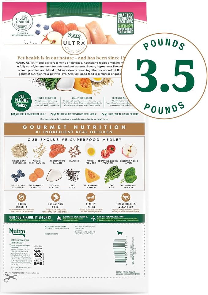 Nutro Ultra Adult Small Breed Dog Food Dry Recipe, Dry Dog Food for Small Dogs, Chicken, Lamb and Salmon Protein Trio, 3.5 lb. Bag