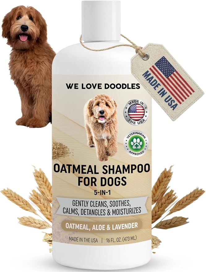 5-in-1 Premium Oatmeal Shampoo for Dogs, Gentle for Itchy & Sensitive Skin, Provides Itch Relief, Hypoallergenic & Soothing for Dry Skin, Moisturizing Anti-Itch, Made in USA, 16 oz [We Love Doodles]