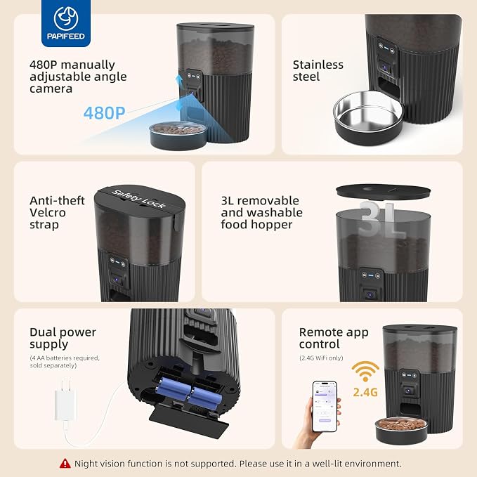 PAPIFEED Automatic Cat Feeder with Camera, 3L Cat Food Dispenser with App, 2.4G WiFi Timed Cat Feeder for Dry Food, 2-Way Audio, Smart Pet Feeder for Small Dog, 10 Meals/Day, 6 Portions/Meal