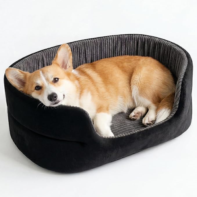 Medium Dog Bed Cat Bed 18x26 Inch, Calming Pet Bed for Dogs & Cats, Machine Washable Dog Bed，Half-Enclosed Open-Top Velvet Anti-Anxiety Bed, Cozy Snuggle Bed (Black)