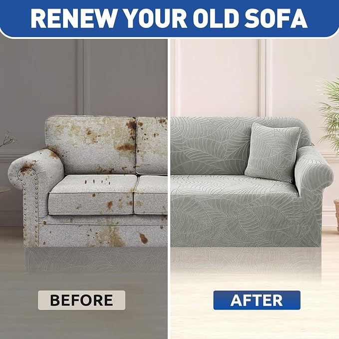 YEMYHOM Couch Cover Latest Jacquard Design High Stretch Sofa Chair Covers for Living Room, Pet Dog Cat Proof Armchair Slipcover Non Slip Elastic Furniture Protector (Small, Begonia Leaf Light Gray)