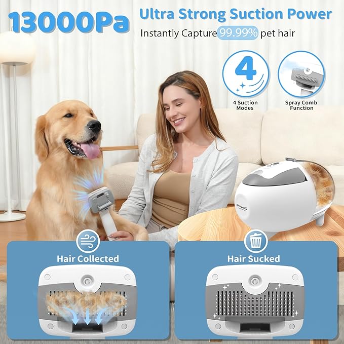 Dog Grooming Vacuum,Pet Grooming Vacuum with 2L Dust Cup & 13000Pa Suction, 6-in-1 Low Noise Pet Grooming Kit with Clipper & Steam Brush for Shedding, Professional Dog Vacuum for Dogs & Cats
