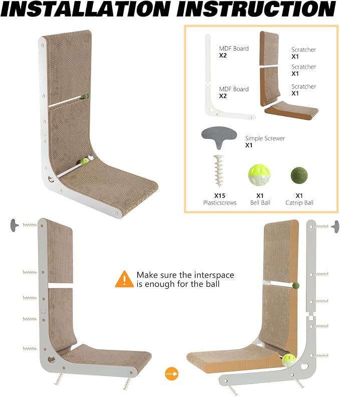SMARTBEAN Cardboard Cat Scratcher, Vertical Cat Scratching Board, 23.6 Inch L-Shape Cat Scratch Pads with Built-in Catnip Toy Balls, Wall-Mount Cat Scratchers for Indoor Cats