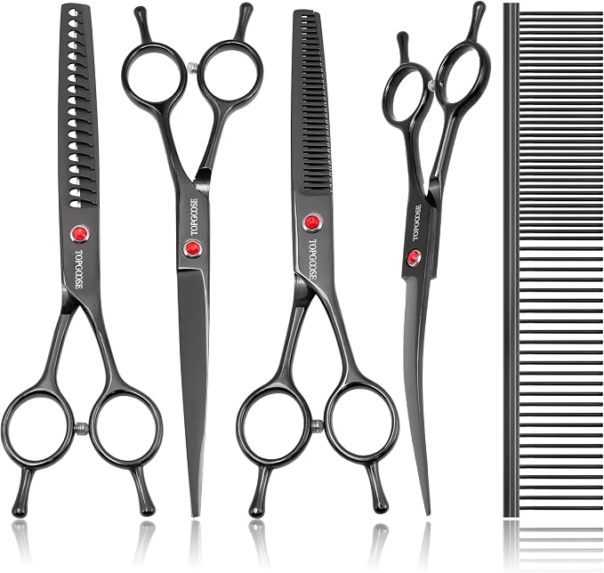 Dog Grooming Scissors Kit, Professional 6 in 1 Pet Scissors Sharp Shears Set - Straight, Thinning, Chunker, Curved Shears and Comb for Long Short Hair for Dog Cat (Set, Black)