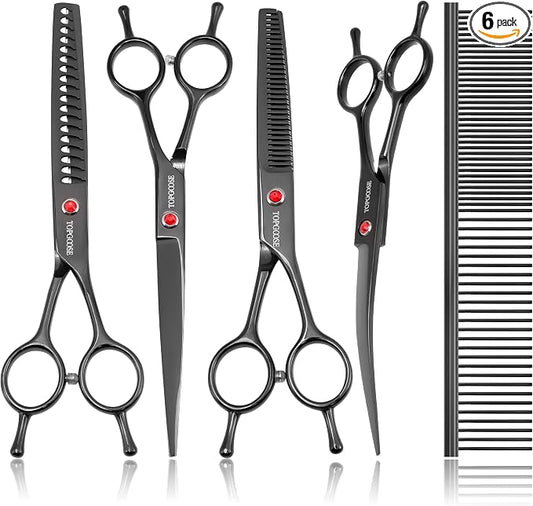 Dog Grooming Scissors Kit, Professional 6 in 1 Pet Scissors Sharp Shears Set - Straight, Thinning, Chunker, Curved Shears and Comb for Long Short Hair for Dog Cat (Set, Black)