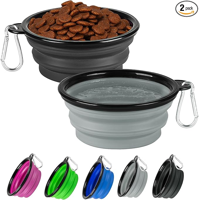 Dog Bowl Collapsible, 2 Pack Portable Foldable Travel Water Bowl Food Dishes with Carabiner Clip for Traveling, Hiking, Walking(12oz, Small, Grey+Black)