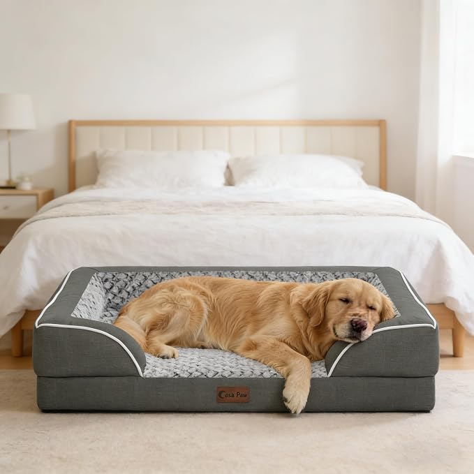 Orthopedic Dog Beds for Extra Large Sized Dogs 45x35 Inch, XL Waterproof Egg Crate Foam Dog Sofa Bed with Removable Washable Cover Big Pet Couch with Bolster & Non-Slip Bottom, Dark Grey