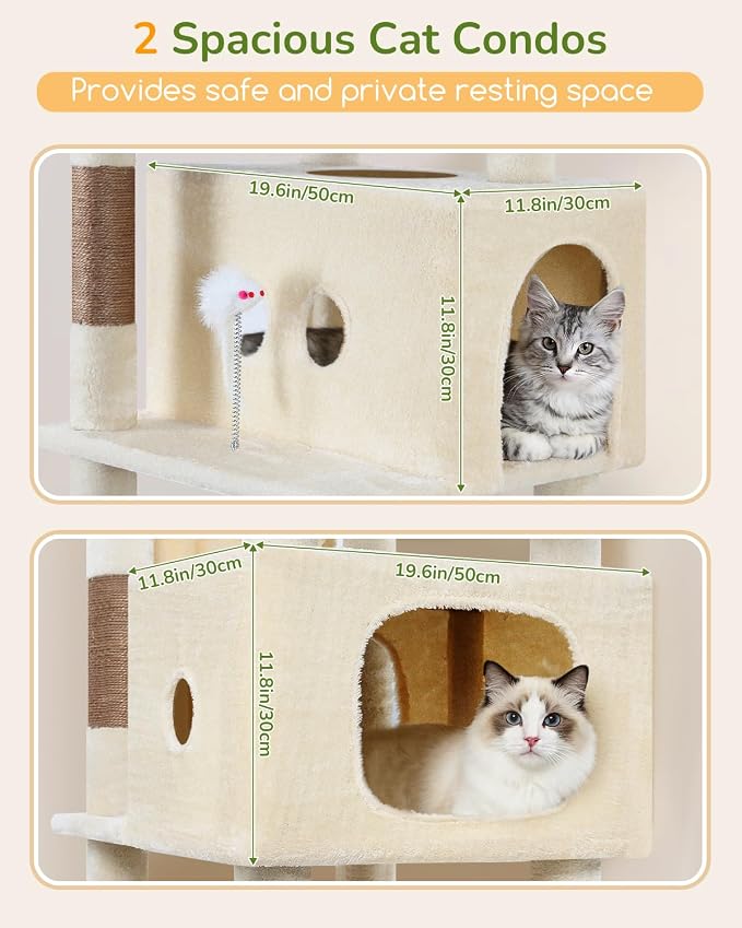 Globlazer Heavy Duty Cat Tree Tower 80in Tall Extra Large Cat Tree Tower for Multiple Indoor Cats Large Adult with Scratching Posts, 2 Spacious Condos, Padded Perches, Soft Hammock, S80B, Beige