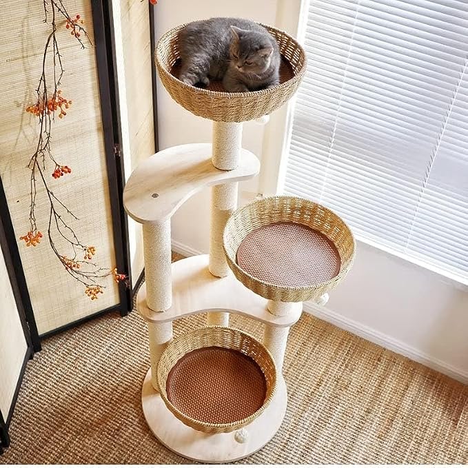 54" Modern Cat Tree for Large Cats, Wood Luxury Multi-Level Oak Solid Wood Cat Trees Cat Towers with 3 Rattan Weaving Cat Nests & Washable Cushions, Sisal Scratching Posts, for Indoor Cats-Lacquered
