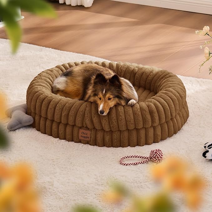 ChiXnuggle Orthopedic Dog Bed for Medium Dogs, Waterproof Faux Rabbit Fur Dog Couch with Egg Crate Foam Support and Washable Removable Cover, Bolster Pet Sofa with Non-Slip Bottom, 30x24x7, Brown