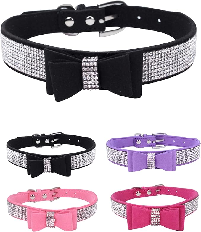 Rhinestone Dog Collar for Small Medium Large Dogs, Adjustable Leather Suede Bling Dog Collars，Diamond Bow Tie Puppy Collars for Boy and Girl.