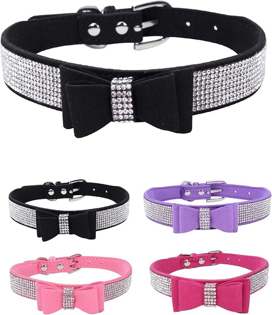 Rhinestone Dog Collar for Small Medium Large Dogs, Adjustable Leather Suede Bling Dog Collars，Diamond Bow Tie Puppy Collars for Boy and Girl.