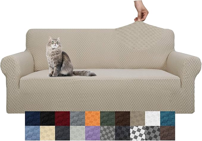 YEMYHOM Couch Cover Latest Jacquard Design High Stretch Sofa Covers for 3 Cushion Couch, Pet Dog Cat Proof Slipcover Non Slip Magic Elastic Furniture Protector (Sofa, Khaki)