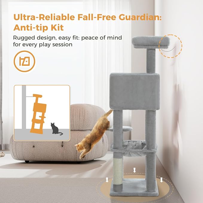 MUTTROS Cat Tree for Indoor Cats, 44.5" Multi-Level Cat Tower with Large Metal Frame Hammock, Cat Condo with 2 Scratching Posts and Top Perch for Small to Medium Cats, Grey